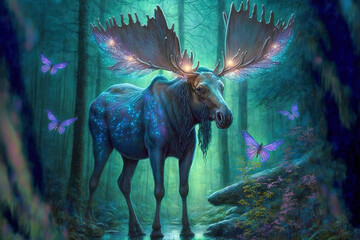 Magic moose in fairy forest. Spirit of the forest. Digital art	