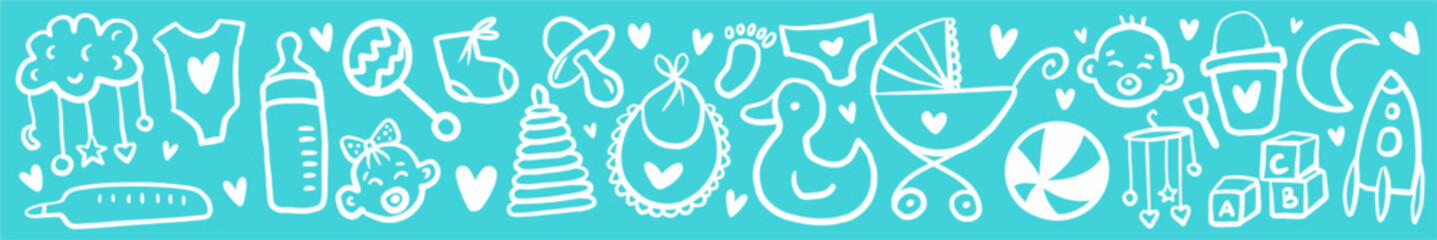 Horizontal vector illustration with elements for newborns, hand-drawn in the style of a doodle