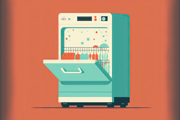 Flat design illustration of a dishwasher machine created with Generative AI technology