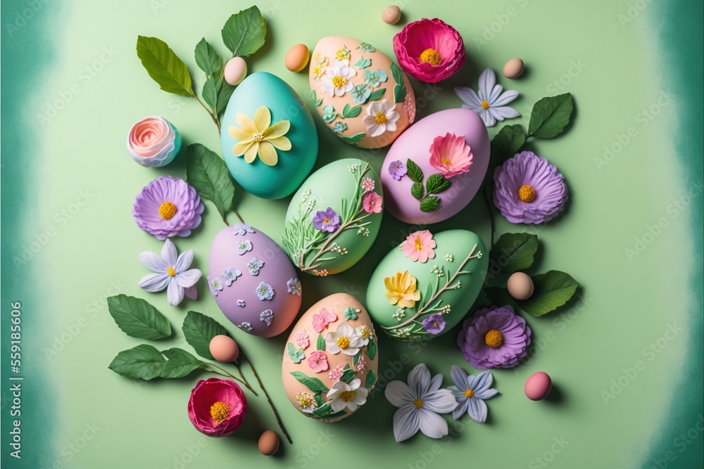Poster a bunch of decorated eggs sitting on top of a green surface with flowers and leaves around them on a