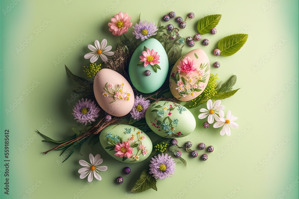 Poster a bunch of eggs with flowers and leaves on a green background with a green border around them and a 