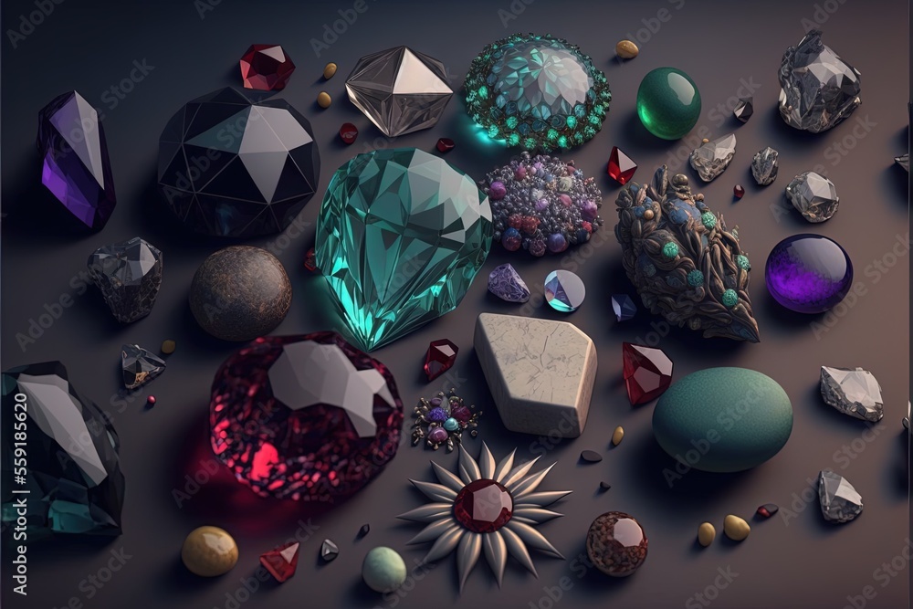 Poster a variety of different colored crystals and rocks on a table top with a black background and a black