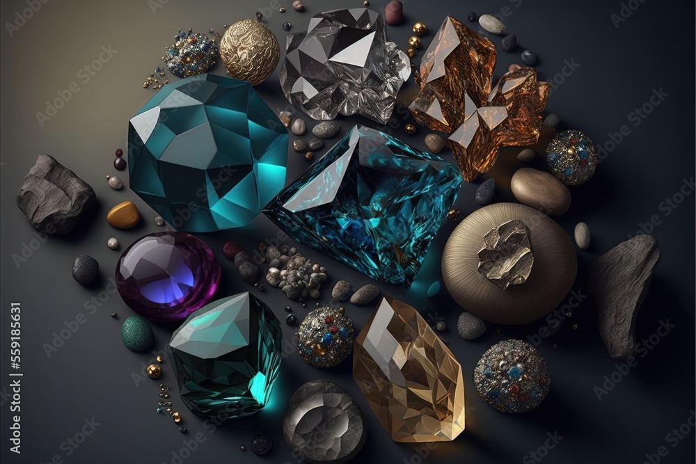 Poster a variety of different colored diamonds and rocks on a black background with a shadow effect to the 