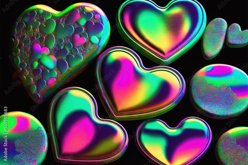 Poster a group of hearts that are in the air with bubbles on them and a black background with a rainbow hue