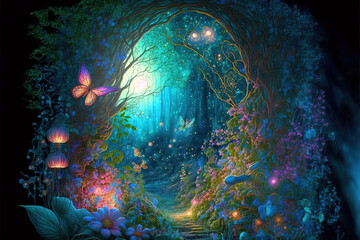 Obraz na płótnie Canvas Fantasy fairy tale background. Fantasy enchanted forest with magical luminous plants, built ancient mighty trees covered with moss, with beautiful houses, butterflies and fireflies fly in the air. 