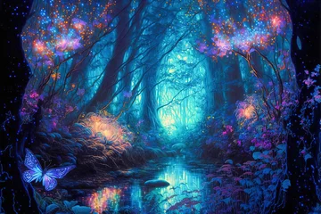 Foto op Plexiglas Sprookjesbos Fantasy fairy tale background. Fantasy enchanted forest with magical luminous plants, built ancient mighty trees covered with moss, with beautiful houses, butterflies and fireflies fly in the air. 