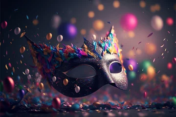 Poster Carnival party. Venetian mask on dark bokeh background. Festival decoration. AI generative © Rawf8