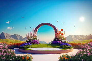 Natural beauty podium backdrop with spring flower. Empty podium, pedestal for product presentation. Digital art