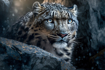 Snow leopard in the mountains. Dangerous predator in natural habitat. Digital artwork	

