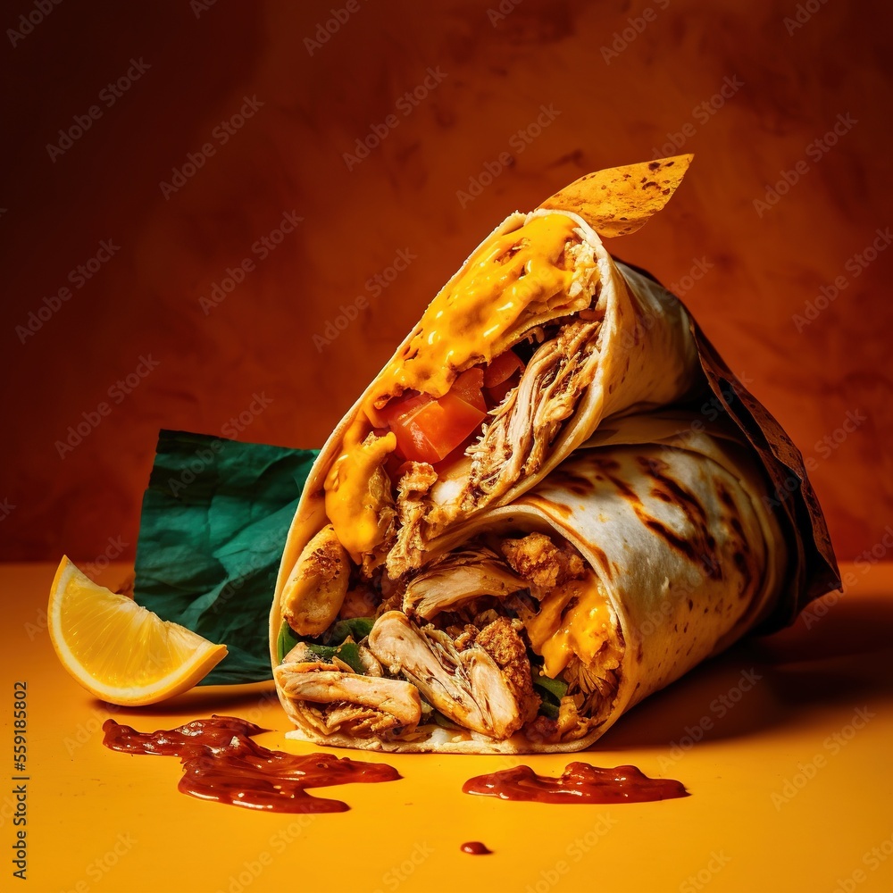 Poster a burrito with a slice of lemon and ketchup on the side of it and a piece of lime on the side of the