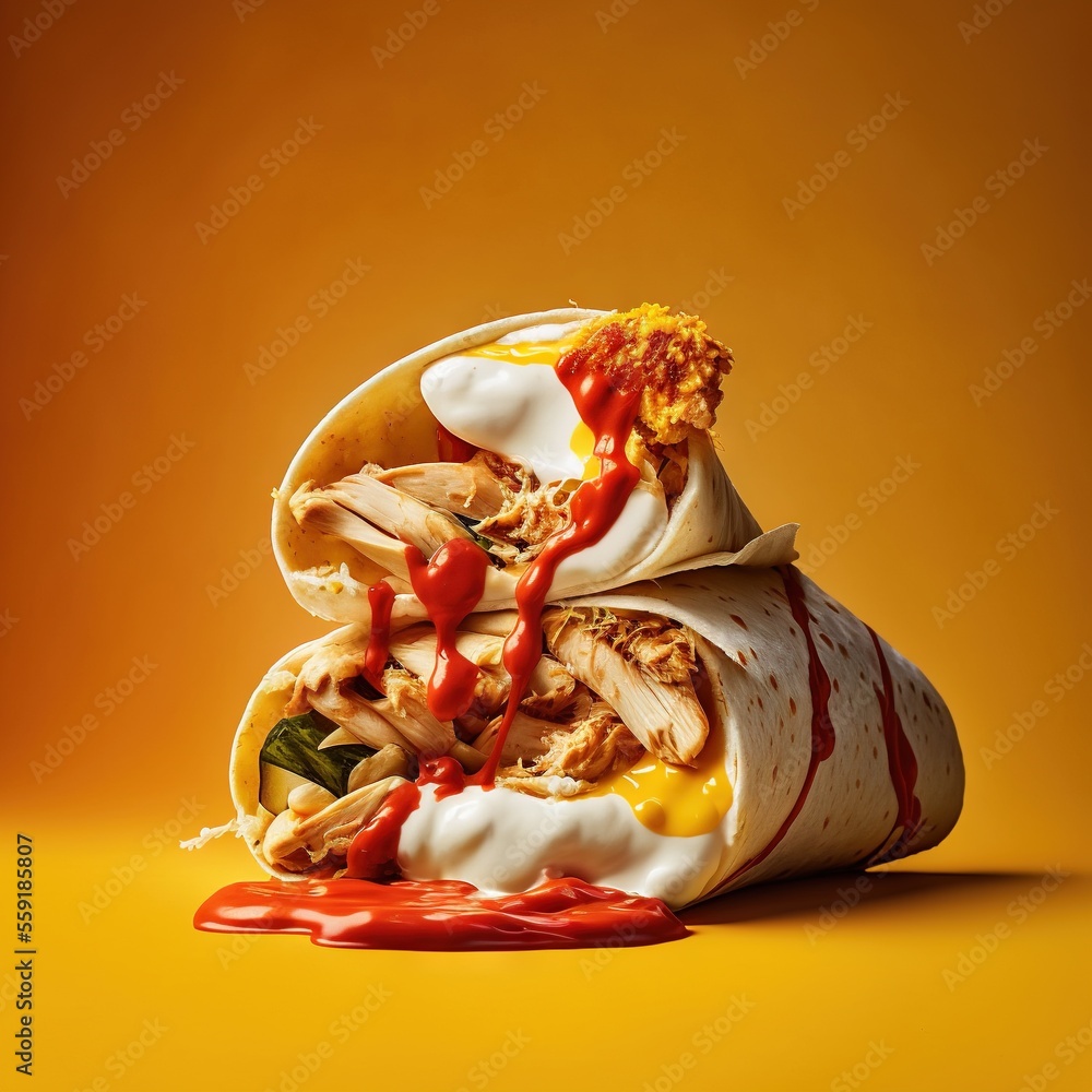Poster a wrap with a lot of sauce on it and a sandwich in the middle of it on a yellow background with a re
