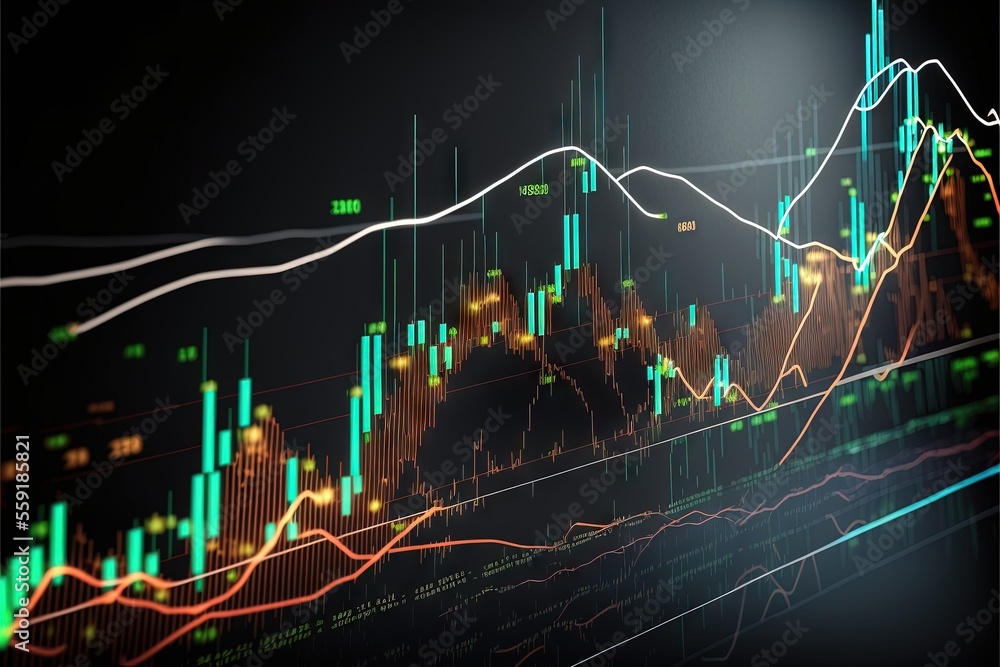 Poster a graph bar with a mountain in the background and a line of candles in the foreground, with a dark b