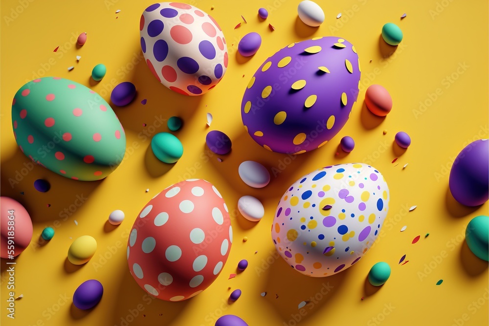 Aufkleber a group of colorful eggs sitting on top of a yellow surface with confetti on them and dots on the to