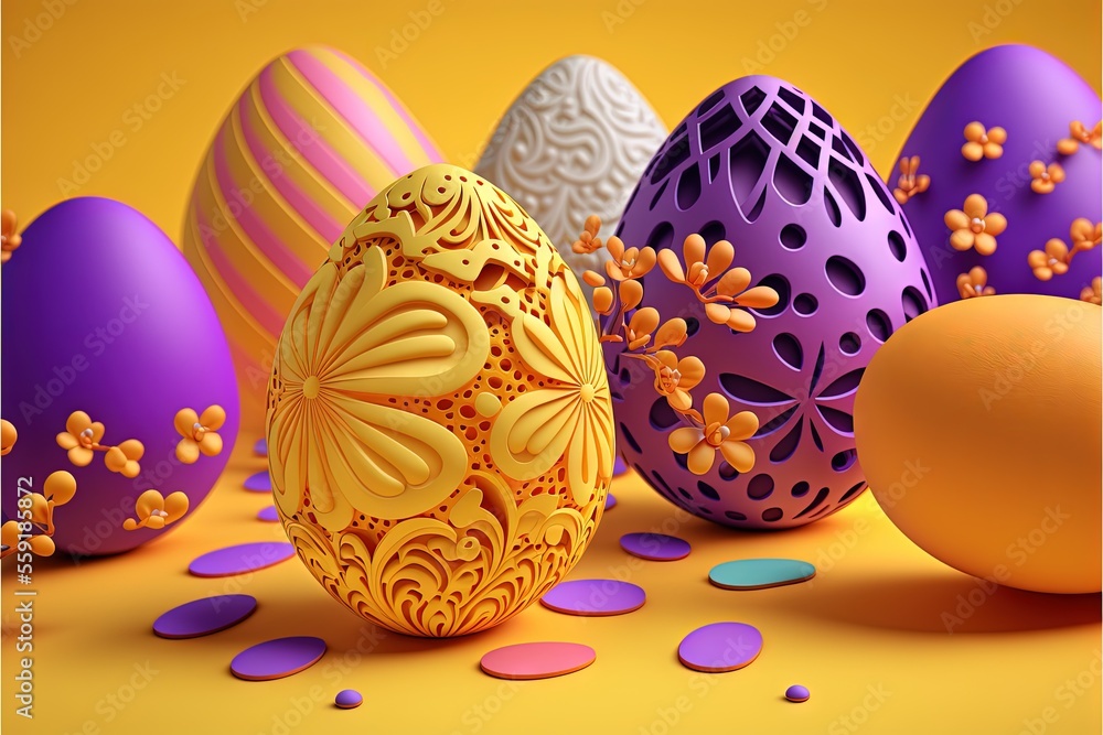 Poster a group of colorful eggs with designs on them sitting on a table with confetti scattered around them