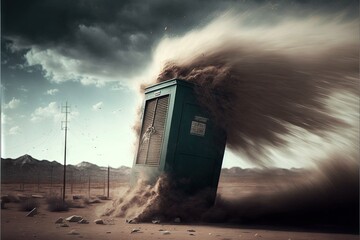 a green box with a huge amount of dust coming out of it in the desert with a telephone pole in the background and a dark sky with clouds and a few scattered scattered scattered scattered.