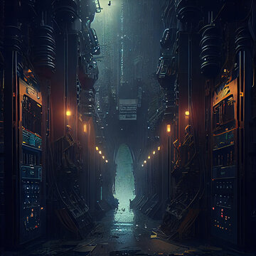 Dark postapocalyptic street of an unknown city, postapo future vision, generative ai