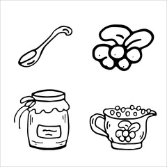 Cranberry sauce, jam, berries doodle. Coloring Page Thanksgiving day. Isolated Vector Illustration