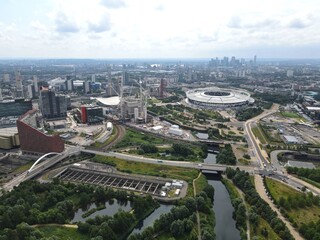Queen Elizabeth Olympic Park London in background UK  Drone, Aerial, view from air, birds eye view,