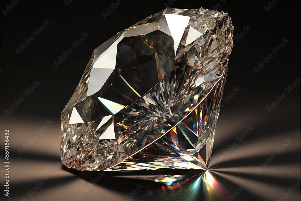 Poster  a very large diamond on a black background with a light reflection on it's surface and a shadow on the ground behind it that shows a shiny surface with a light and a shadow., generative ai