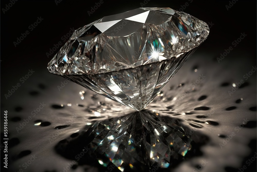 Poster a diamond on a black background with a reflection in the middle of it, with a black background and a
