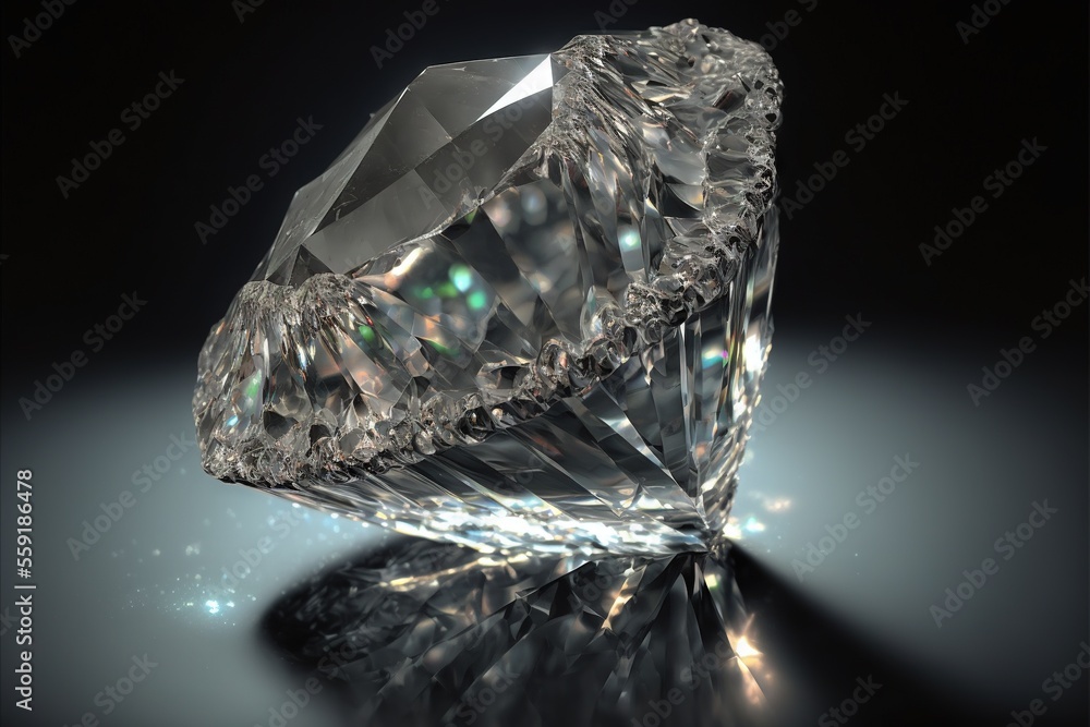 Poster  a diamond is shown on a reflective surface with a reflection on the ground below it and a black background behind it, with a reflection of the diamond on the floor, and the top., generative ai