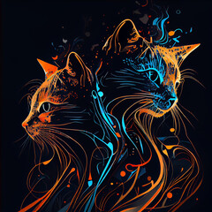 Abstract portrait of a two cats in orange and blue colors, generative ai