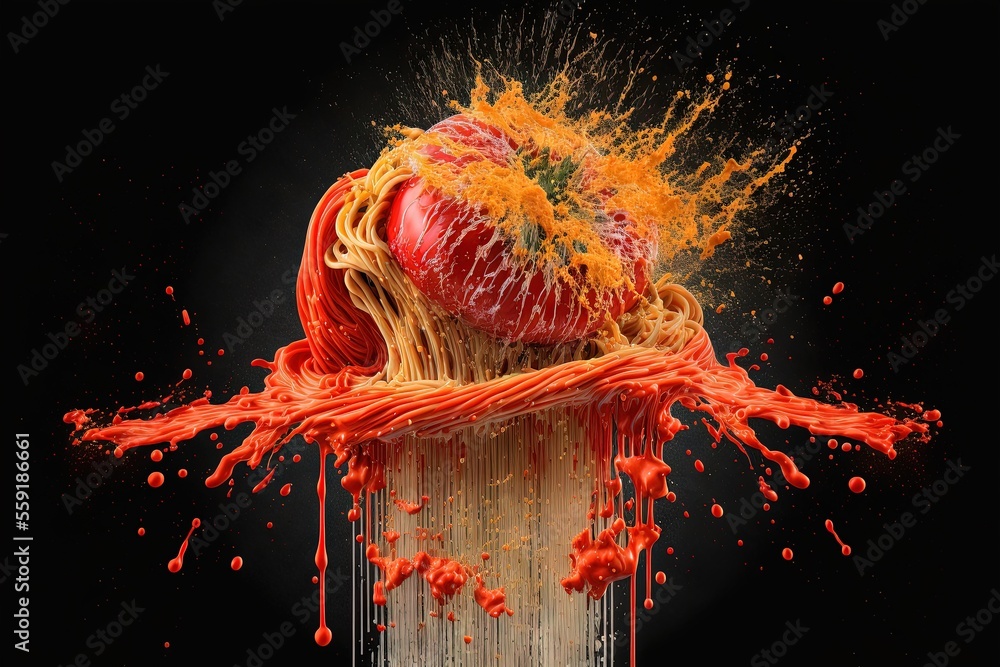 Poster a red apple is falling into a white vase with orange and red paint on it and a black background with