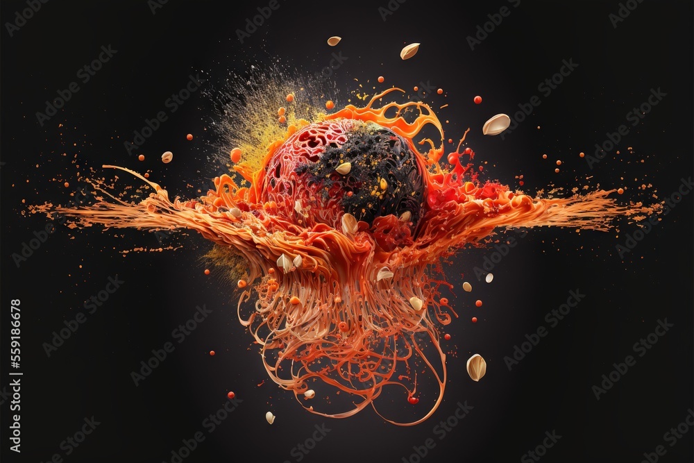 Aufkleber a fruit with orange and red sprinkles on it's surface and a black background with a black background