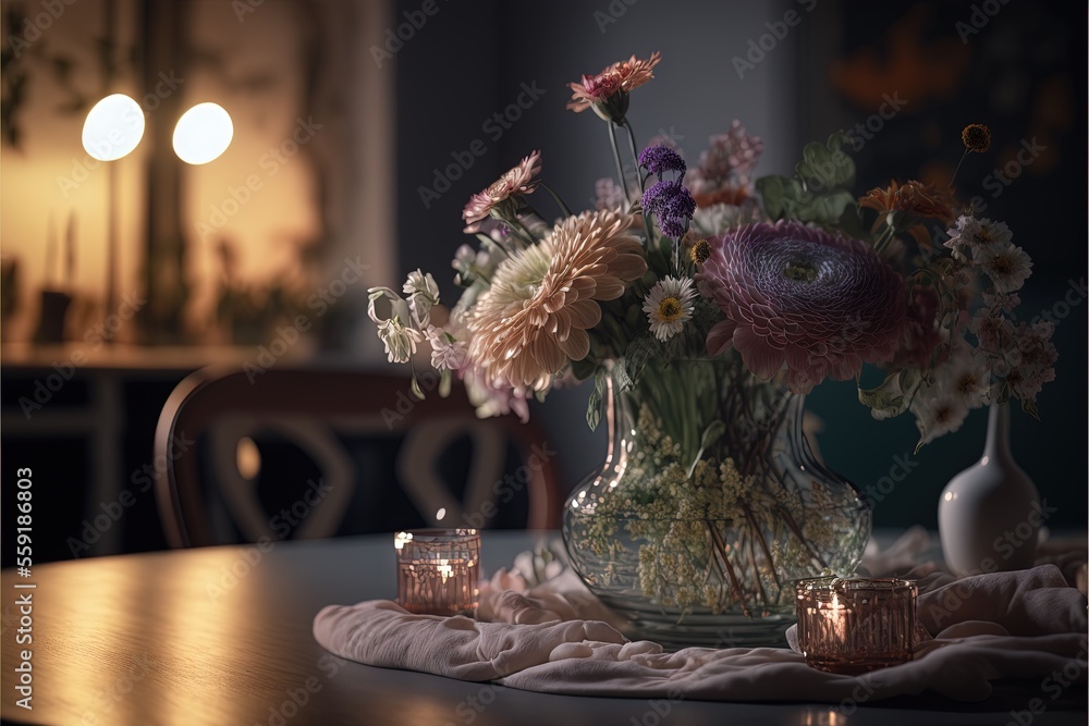Poster a vase of flowers on a table with candles on it and a cloth on the tablecloth on the tablecloth is a