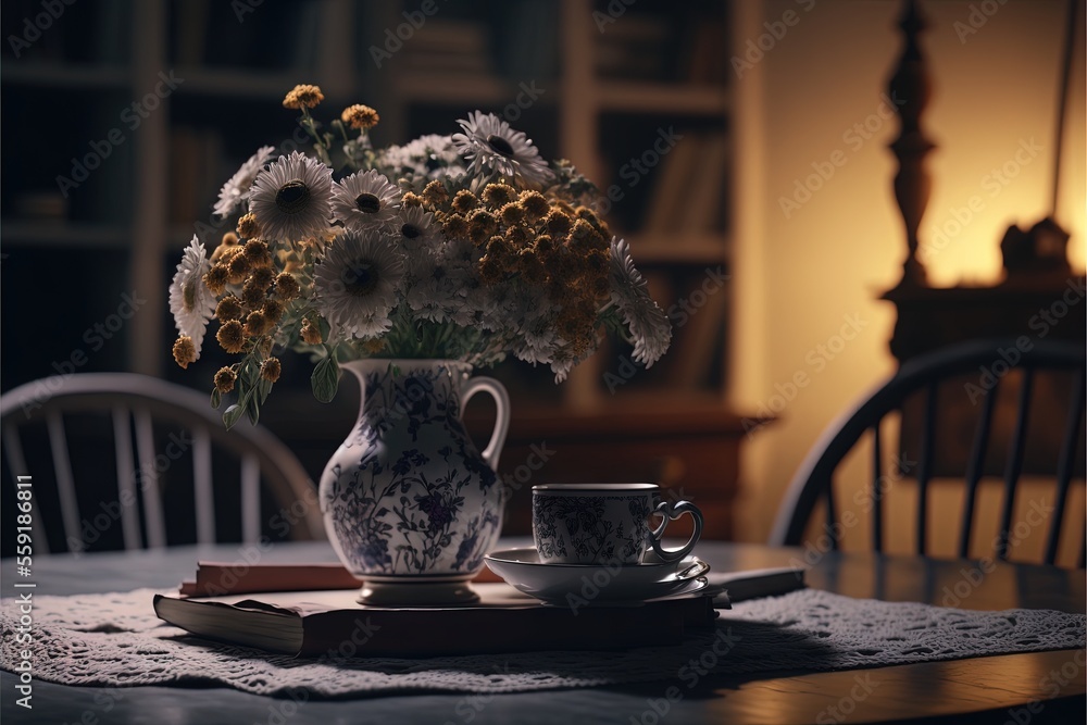 Aufkleber a vase of flowers sitting on a table with a cup of coffee on it and a book on the table next to it, 