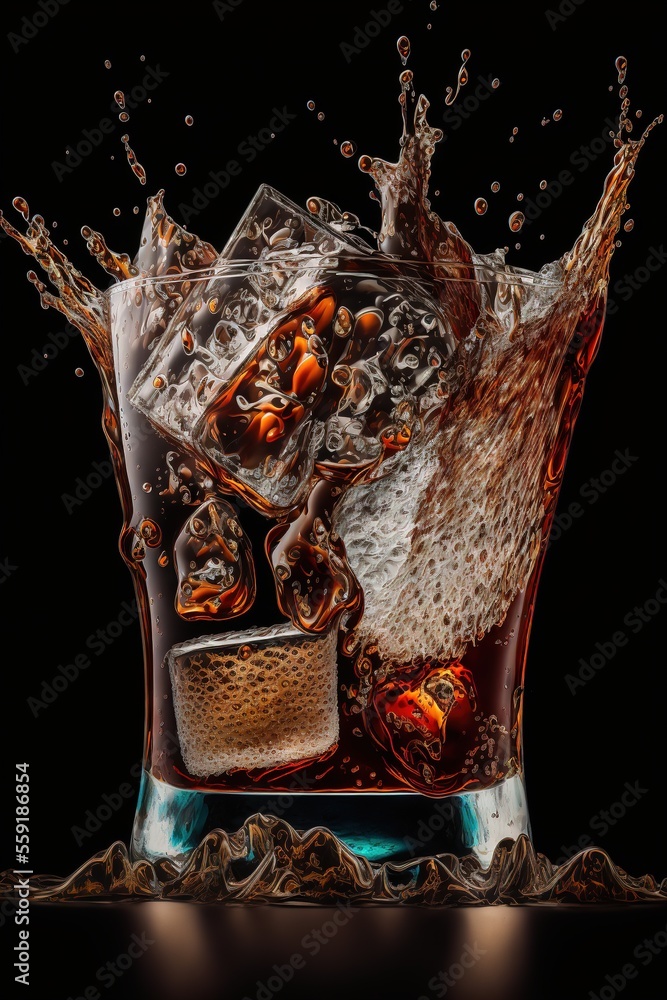 Poster  a glass of cola with ice cubes and splashing water on it, on a black background, with a black background, with a reflection of a reflection of a light and a reflection., generative ai