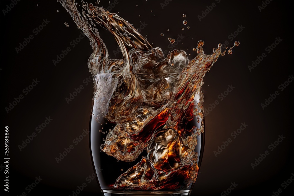 Poster a glass of water with a splash of liquid on it's side and a black background with a black background