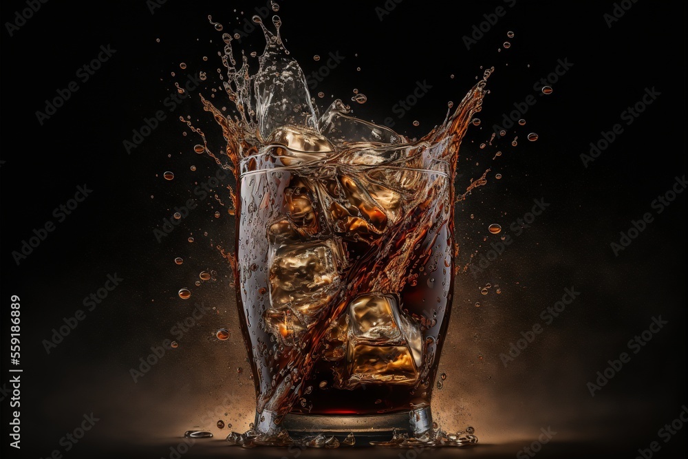 Aufkleber a glass of ice and water with ice cubes in it and splashing water on the glass and on the ground, wi