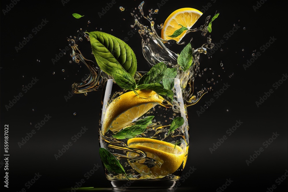 Poster a glass of water with lemons and mints splashing out of it on a black background with a black backgr