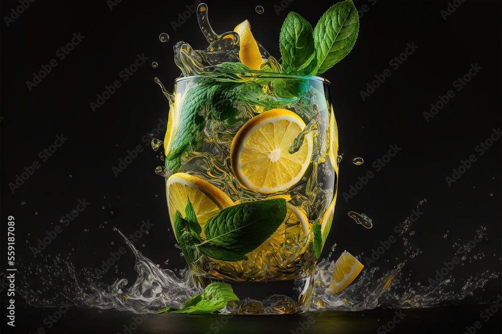 Poster a glass of water with lemons and mints in it and splashing water around it on a black background wit