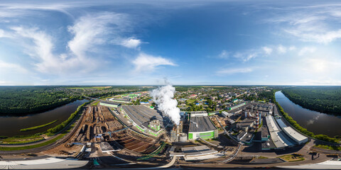 full seamless 360 hdri panorama view aerial view on pipes of woodworking enterprise plant sawmill...