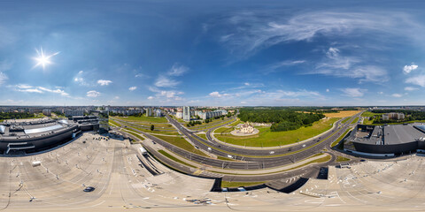 aerial full seamless spherical hdri 360 panorama view above road junction near forest near church...