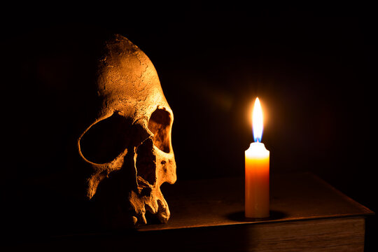 Halloween theme. Human skull near burning candle against darkness