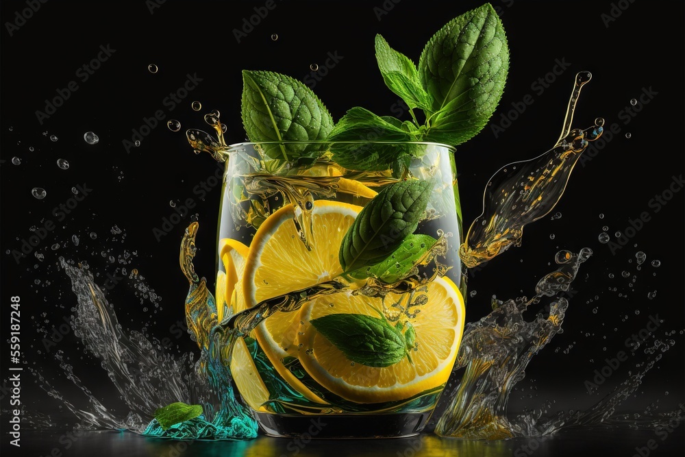 Poster a glass of water with lemons and mints in it and splashing water around it on a black background wit
