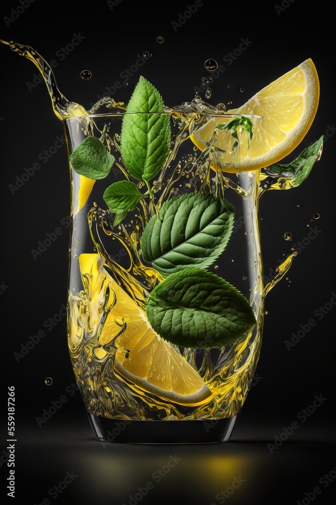 Aufkleber a glass of lemonade with a splash of water on it and a slice of lemon on the side of the glass with 