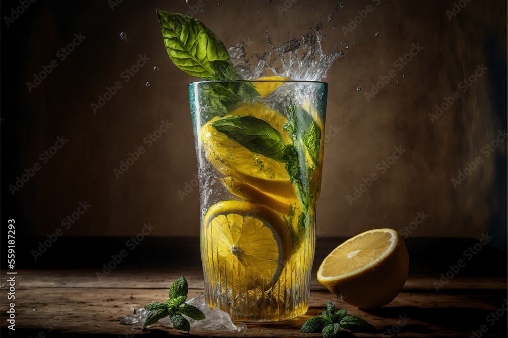 Aufkleber a glass of water with lemons and mints on a table with a slice of lemon and a half of a lemon on the