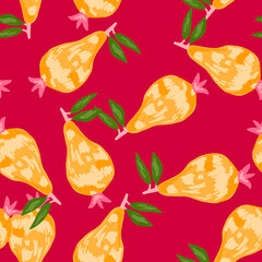 Scribble pears seamless pattern. Hand drawn fruits botanical backdrop. Naive art style.