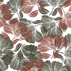 Abstract flower line seamless pattern. Delicate floral vintage outline endless background. Retro style.