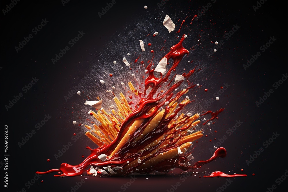 Poster a pile of fries with red sauce and ketchup on them on a black background with a splash of paint on t