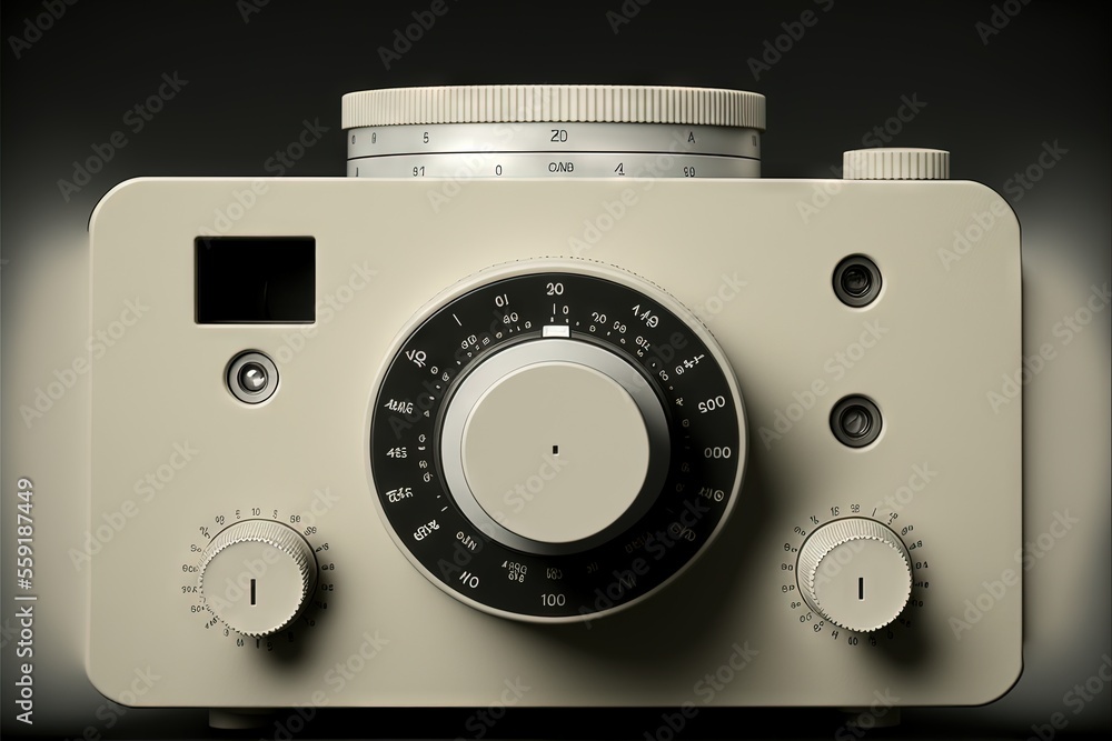 Poster a white analog camera with a black dial and a white background with a black background and a white b