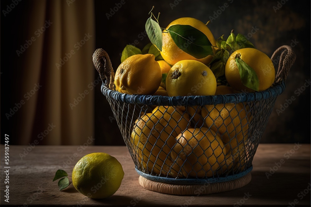 Poster a basket of lemons and lemons on a table with a lemon and a lemon tree in the background, with a cur