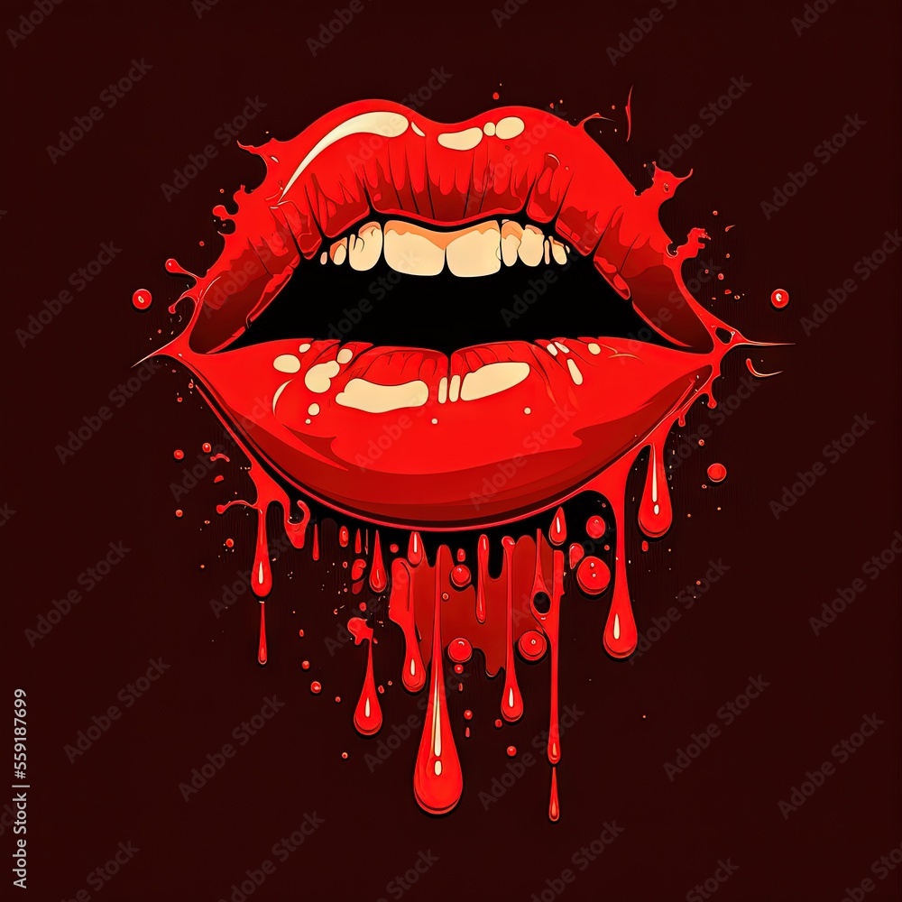 Poster a red lips with dripping blood on a black background with a red background and a red background with