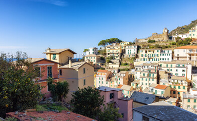 Colorful apartment homes in touristic town, Riomaggiore, Italy. Cinque Terre National Park