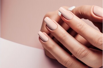 a woman's hand with a manicured manicure on it and a pink background with a white tip and a pink tip on the tip of the manicured manicured manicured. - obrazy, fototapety, plakaty
