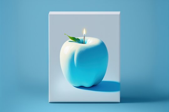 a blue apple shaped like a candle with a green leaf on top of it, on a blue background, with a shadow from the bottom half of the apple to the side of the.